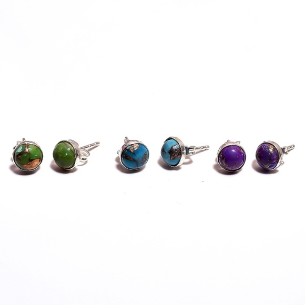 Copper Turquoise 925 Silver Stud Earrings 3 pc Set